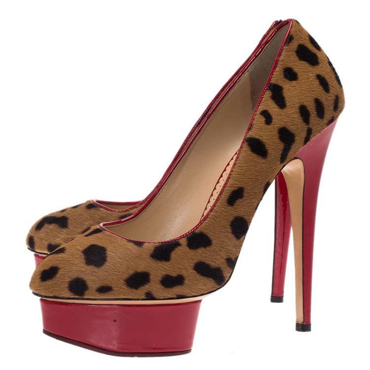 Pre Owned Charlotte Olympia Leopard Print Calf Hair and Red Patent Polly Platform Pumps Size 39