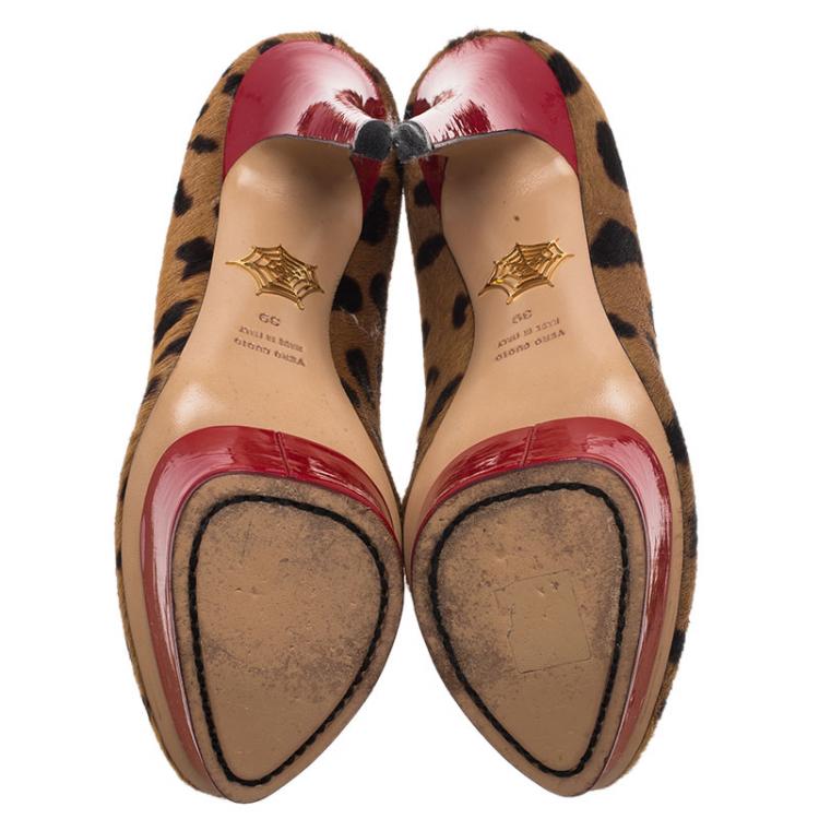Pre Owned Charlotte Olympia Leopard Print Calf Hair and Red Patent Polly Platform Pumps Size 39