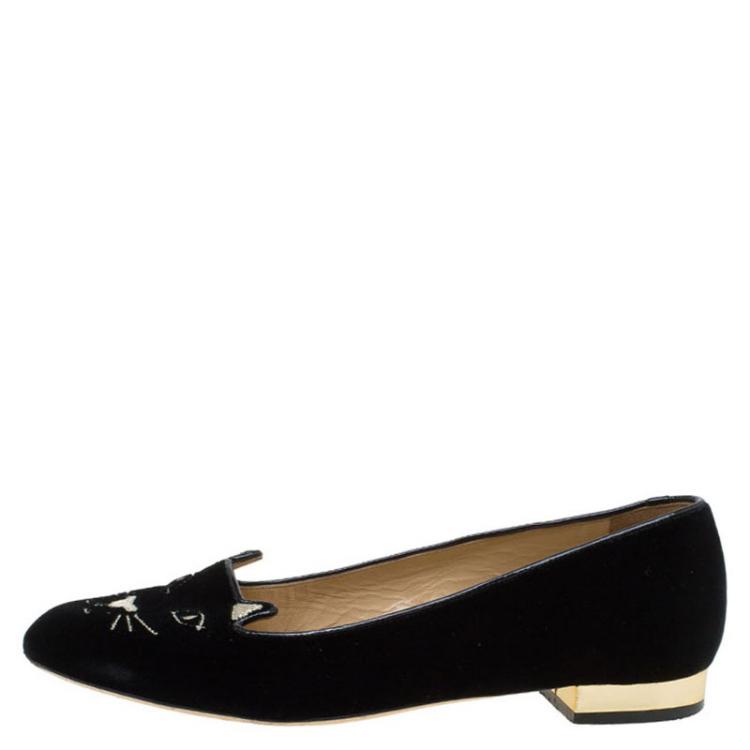 Pre Owned Charlotte Olympia Black Velvet Kitty Smoking Slippers Size 37.5