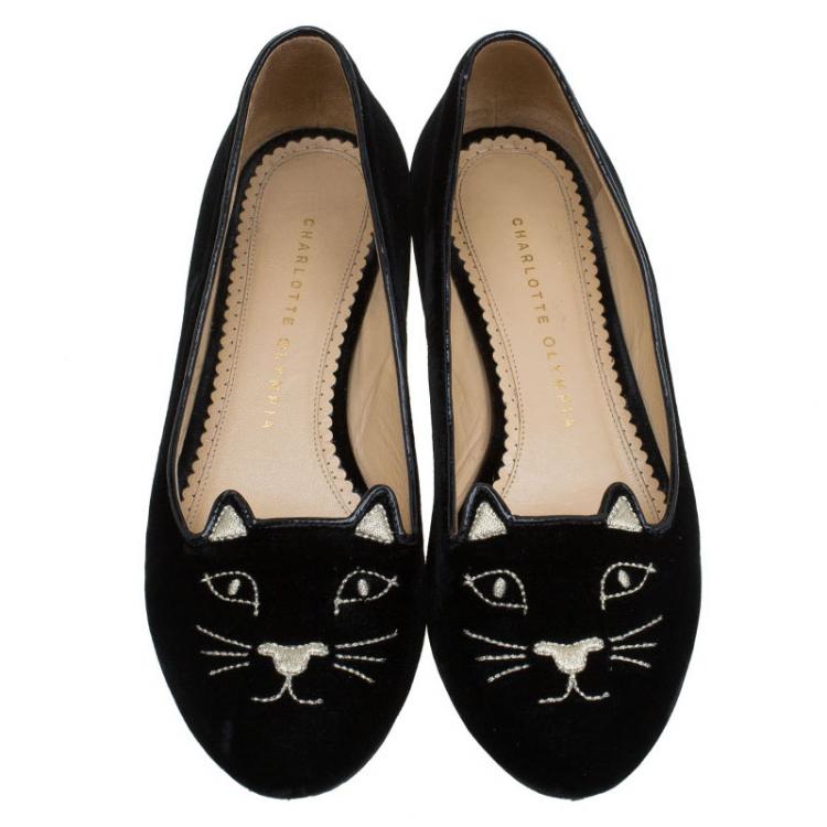 Pre Owned Charlotte Olympia Black Velvet Kitty Smoking Slippers Size 37.5