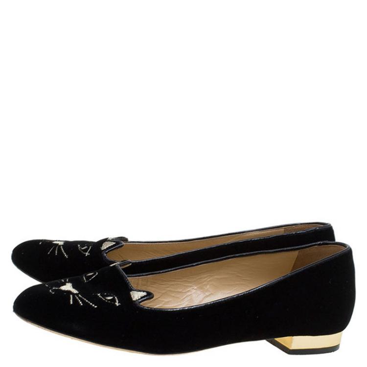 Pre Owned Charlotte Olympia Black Velvet Kitty Smoking Slippers Size 37.5
