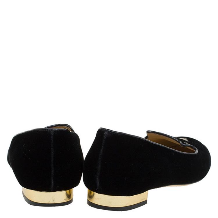Pre Owned Charlotte Olympia Black Velvet Kitty Smoking Slippers Size 37.5