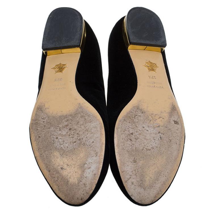 Pre Owned Charlotte Olympia Black Velvet Kitty Smoking Slippers Size 37.5
