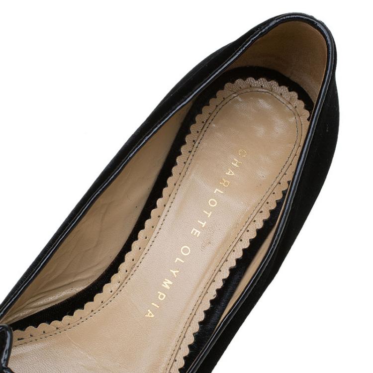 Pre Owned Charlotte Olympia Black Velvet Kitty Smoking Slippers Size 37.5