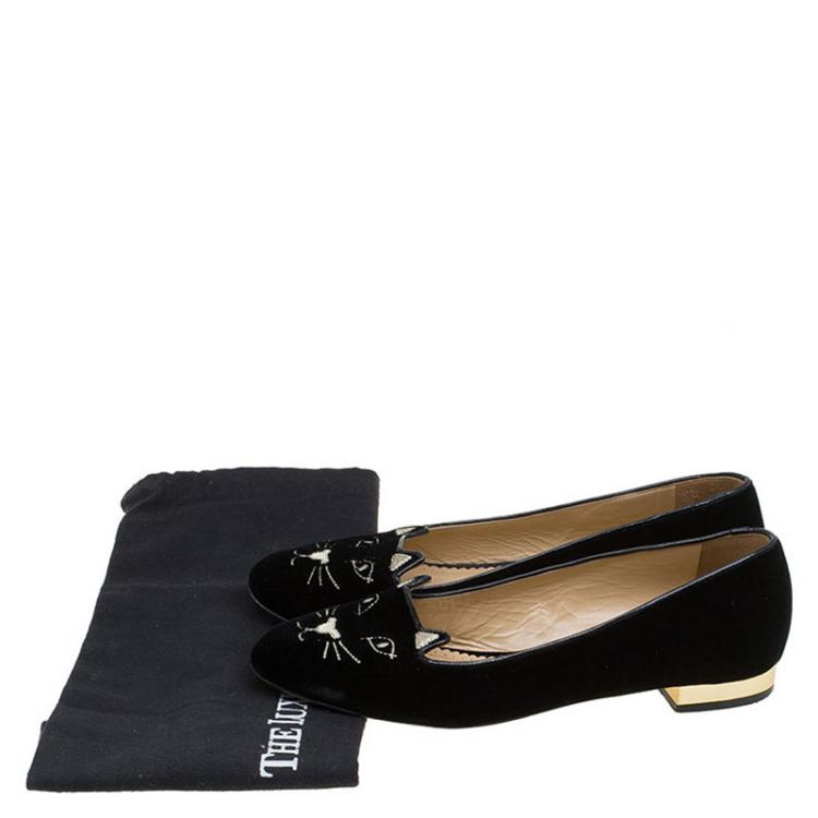 Pre Owned Charlotte Olympia Black Velvet Kitty Smoking Slippers Size 37.5