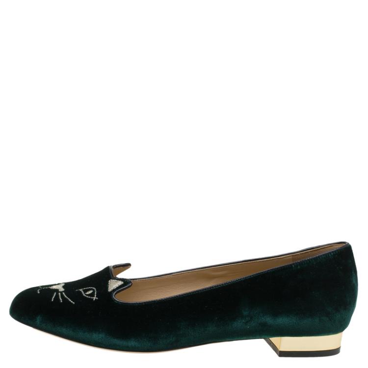 Pre Owned Charlotte Olympia Green Velvet Kitty Smoking Slippers Size 40