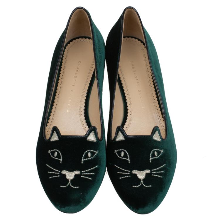 Pre Owned Charlotte Olympia Green Velvet Kitty Smoking Slippers Size 40