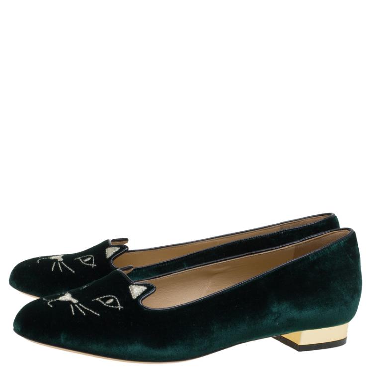 Pre Owned Charlotte Olympia Green Velvet Kitty Smoking Slippers Size 40