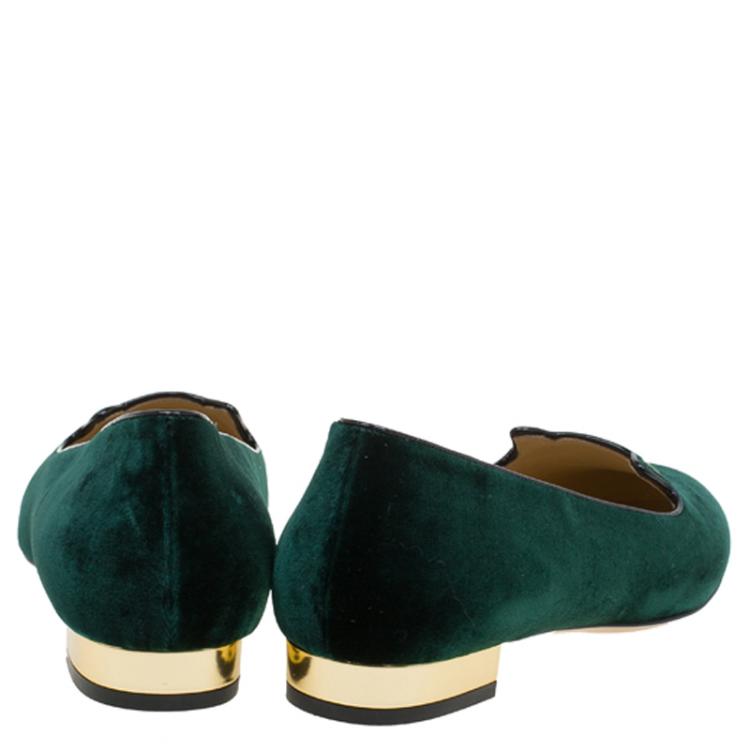 Pre Owned Charlotte Olympia Green Velvet Kitty Smoking Slippers Size 40