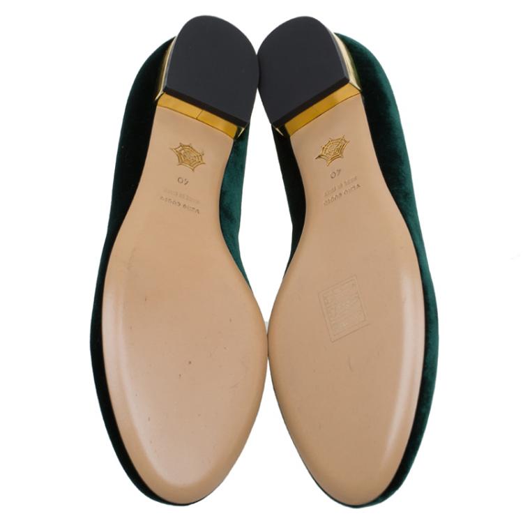 Pre Owned Charlotte Olympia Green Velvet Kitty Smoking Slippers Size 40