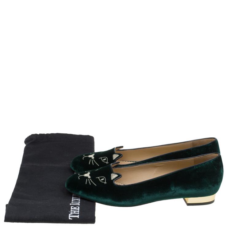 Pre Owned Charlotte Olympia Green Velvet Kitty Smoking Slippers Size 40