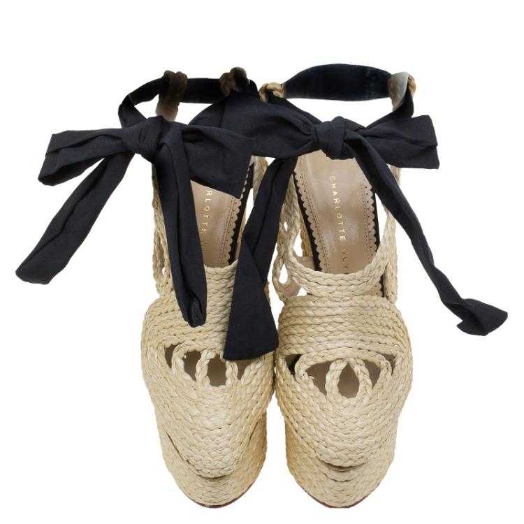 Pre Owned Charlotte Olympia Beige Rapunzel Raffia Espadrille Wedges Size 37