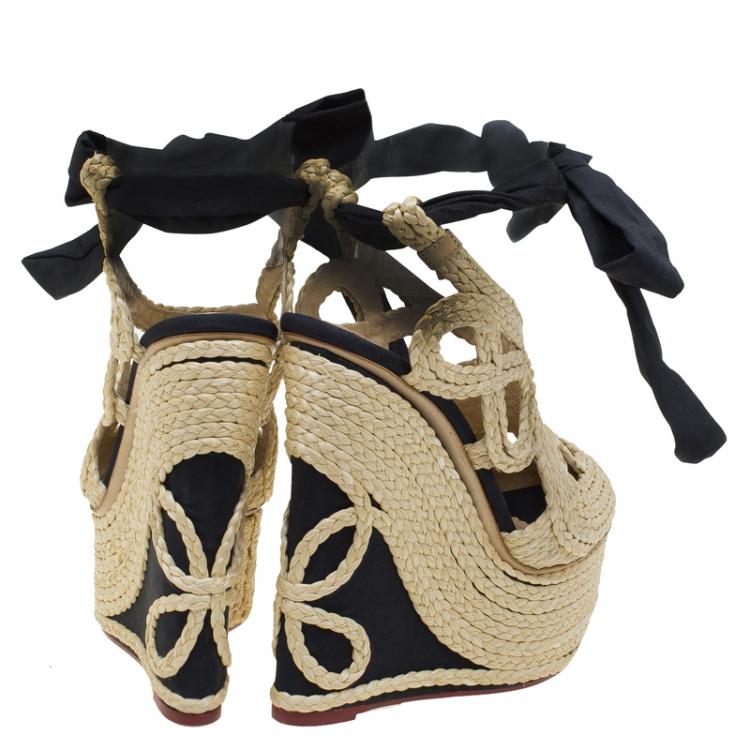 Pre Owned Charlotte Olympia Beige Rapunzel Raffia Espadrille Wedges Size 37