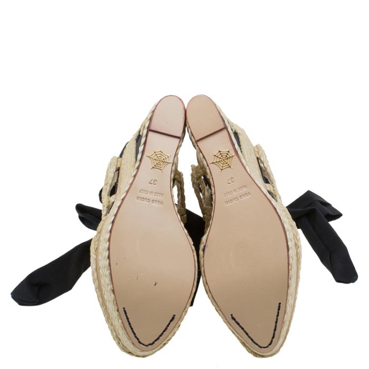 Pre Owned Charlotte Olympia Beige Rapunzel Raffia Espadrille Wedges Size 37