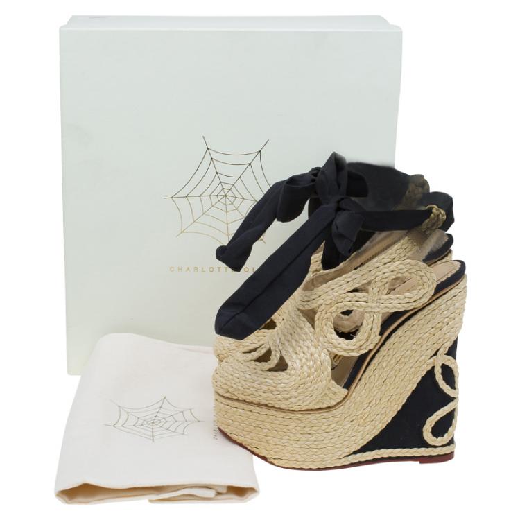 Pre Owned Charlotte Olympia Beige Rapunzel Raffia Espadrille Wedges Size 37