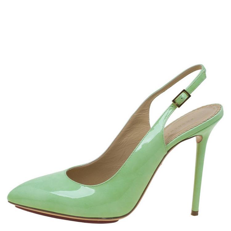 مملوكة مسبقًا Charlotte Olympia Green Patent Monroe Slingback Pumps Size 40