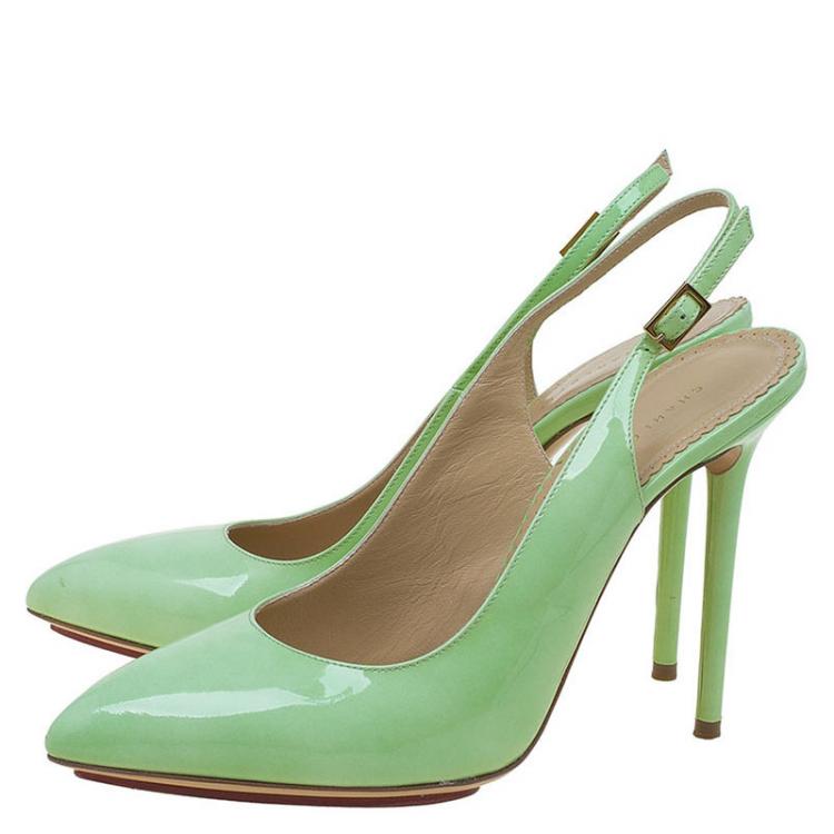 مملوكة مسبقًا Charlotte Olympia Green Patent Monroe Slingback Pumps Size 40