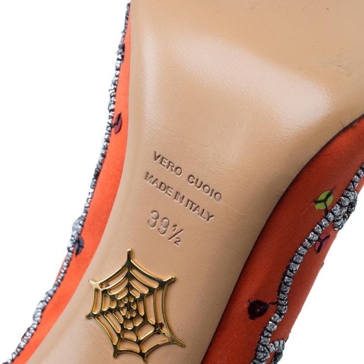 Pre Owned Charlotte Olympia Orange Embellished Satin Tiger Tiger Pumps Size 39.5