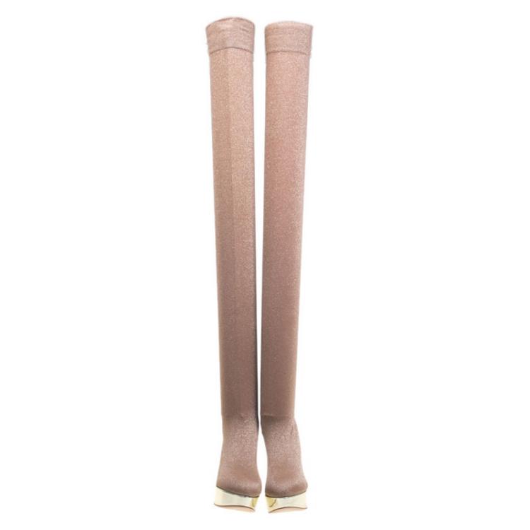 Pre Owned Charlotte Olympia Beige Glitter Jersey More Is More Thigh High Platform Boots Size 38