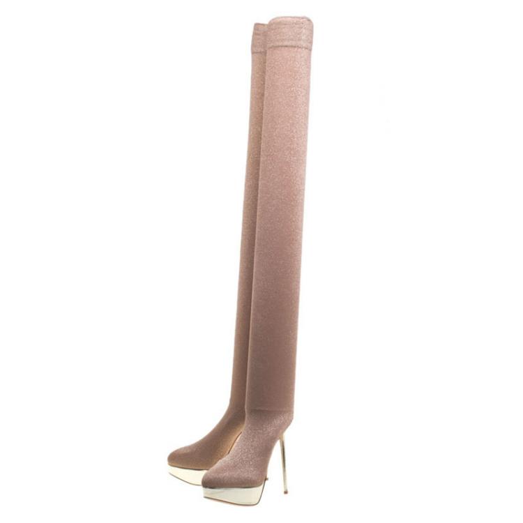 Pre Owned Charlotte Olympia Beige Glitter Jersey More Is More Thigh High Platform Boots Size 38