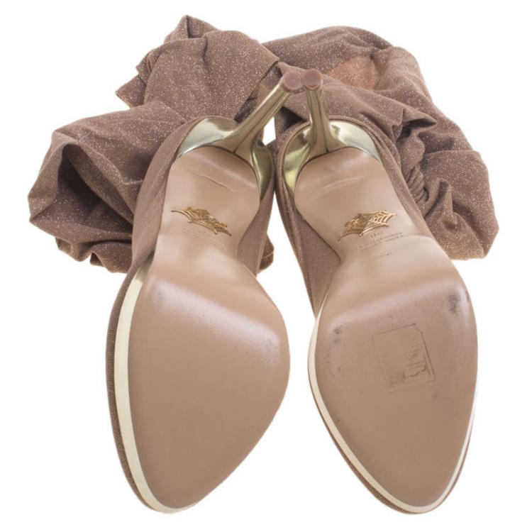 Pre Owned Charlotte Olympia Beige Glitter Jersey More Is More Thigh High Platform Boots Size 38