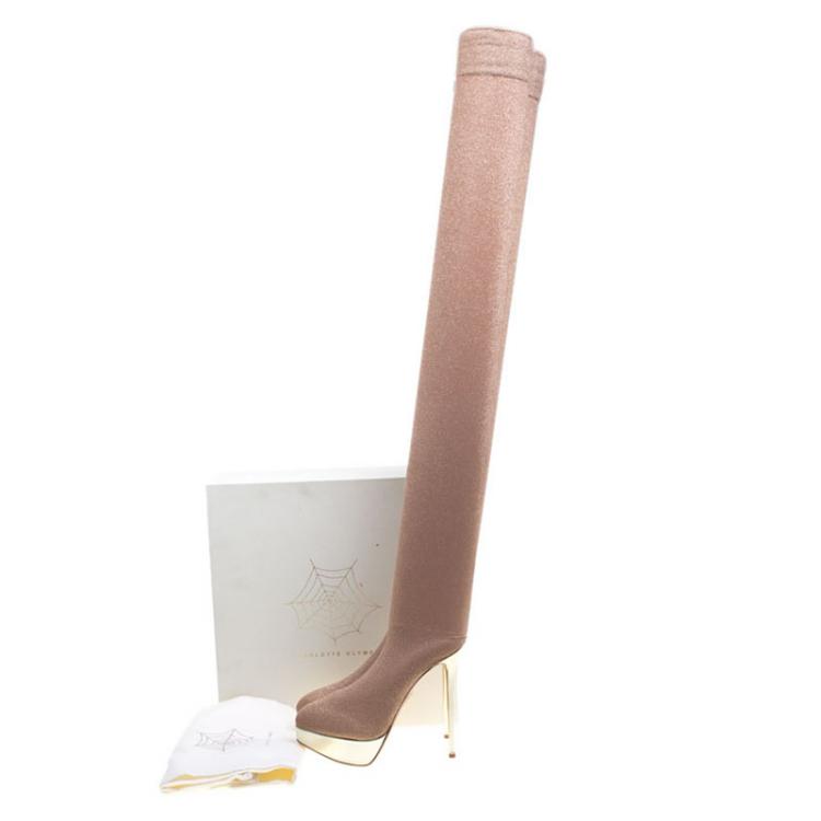 Pre Owned Charlotte Olympia Beige Glitter Jersey More Is More Thigh High Platform Boots Size 38