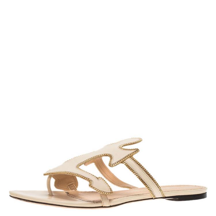 Pre Owned Charlotte Olympia Beige Leather Atlantic Flat Sandals Size 39