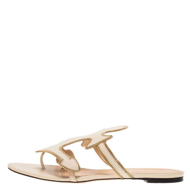 Pre Owned Charlotte Olympia Beige Leather Atlantic Flat Sandals Size 39
