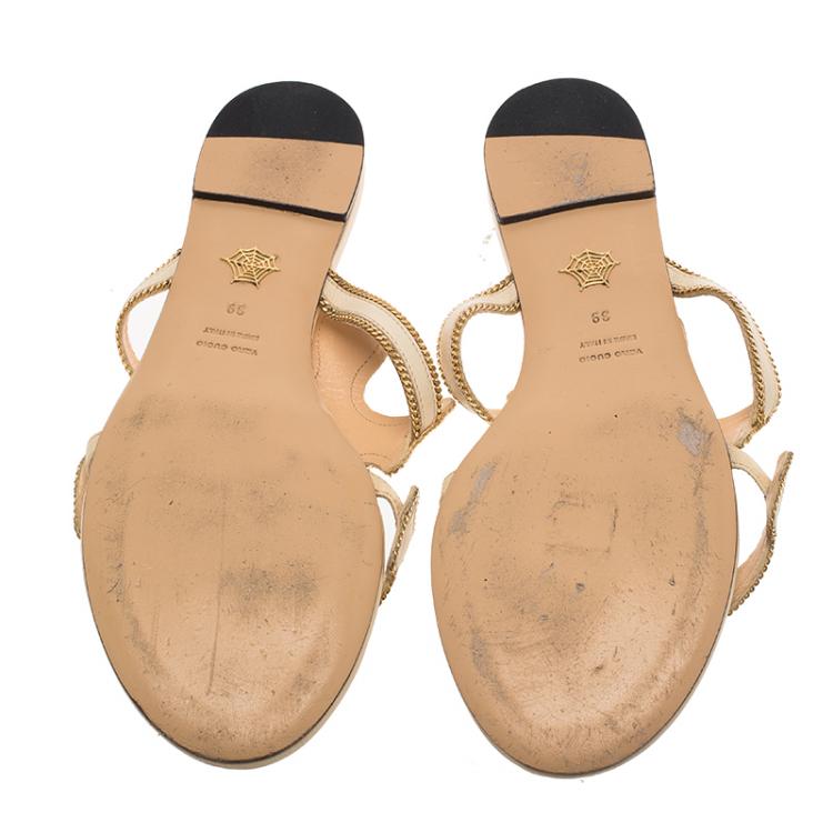 Pre Owned Charlotte Olympia Beige Leather Atlantic Flat Sandals Size 39