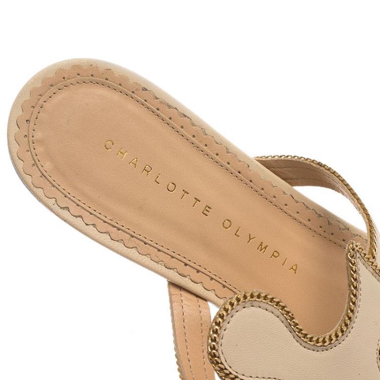 Pre Owned Charlotte Olympia Beige Leather Atlantic Flat Sandals Size 39