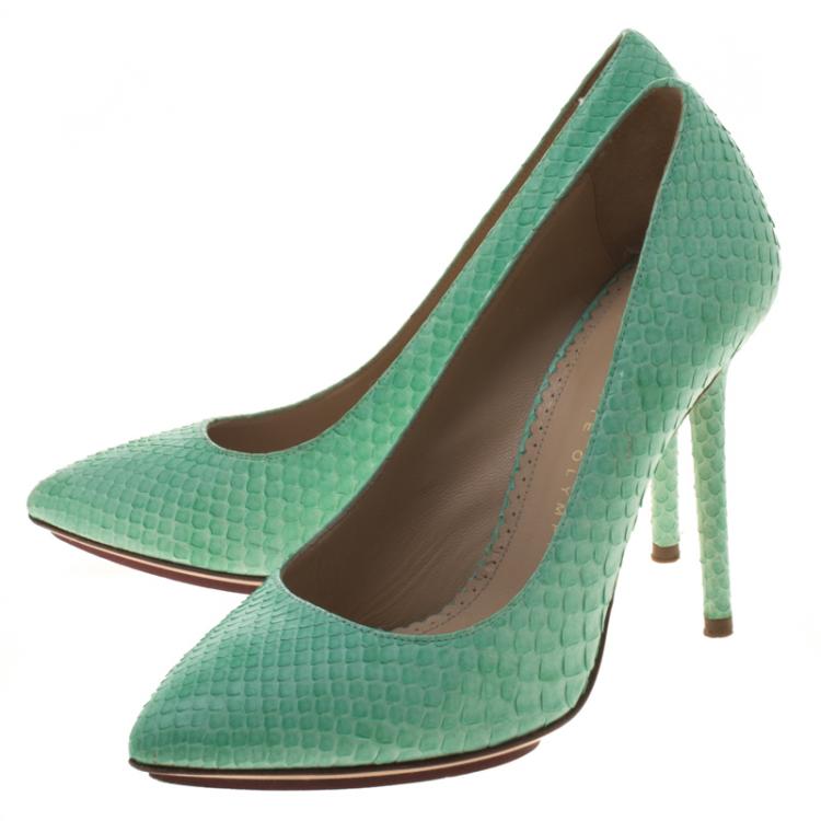Pre Owned Charlotte Olympia Mint Green Python Monroe Pumps Size 36