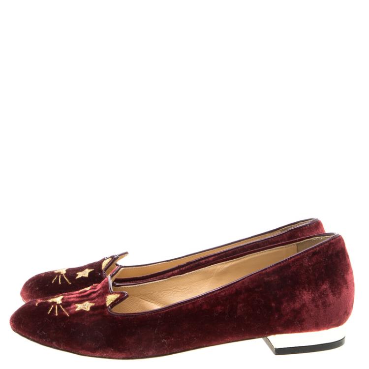 Pre Owned Charlotte Olympia Burgundy Velvet Superstar Kitty Smoking Slippers Size 36
