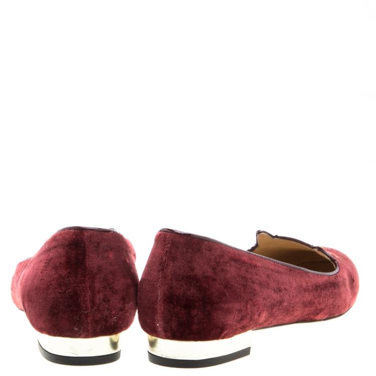 Pre Owned Charlotte Olympia Burgundy Velvet Superstar Kitty Smoking Slippers Size 36