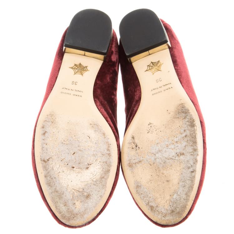 Pre Owned Charlotte Olympia Burgundy Velvet Superstar Kitty Smoking Slippers Size 36