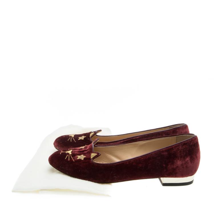 Pre Owned Charlotte Olympia Burgundy Velvet Superstar Kitty Smoking Slippers Size 36
