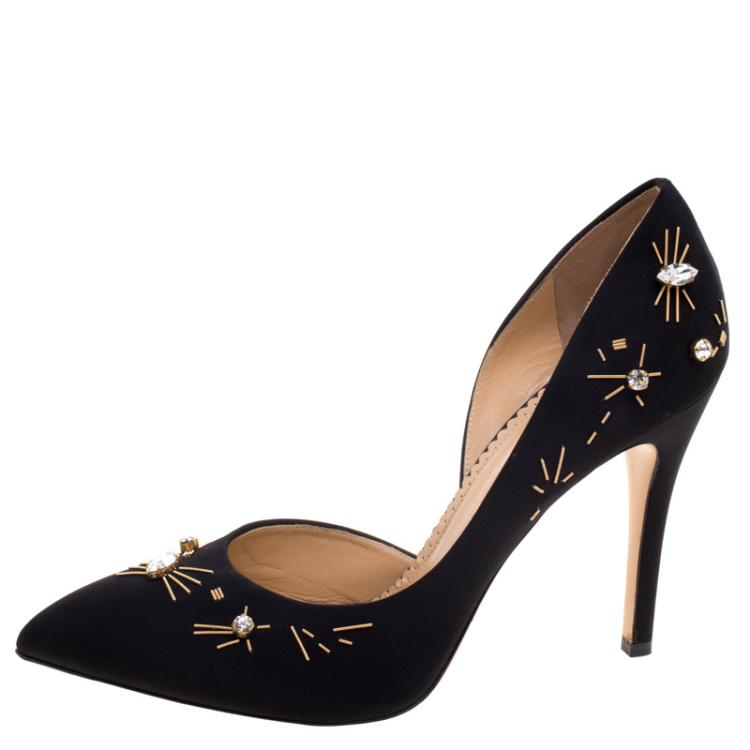 Pre Owned Charlotte Olympia Black Embellished Fabric Faille D'orsay Pumps Size 39.5