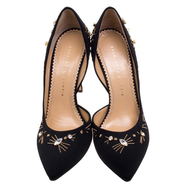 Pre Owned Charlotte Olympia Black Embellished Fabric Faille D'orsay Pumps Size 39.5