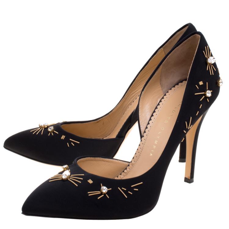 Pre Owned Charlotte Olympia Black Embellished Fabric Faille D'orsay Pumps Size 39.5