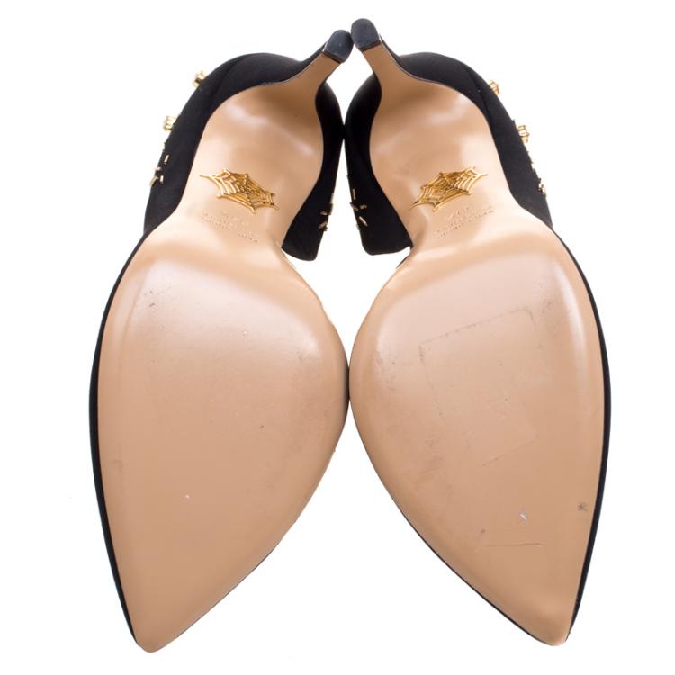 Pre Owned Charlotte Olympia Black Embellished Fabric Faille D'orsay Pumps Size 39.5