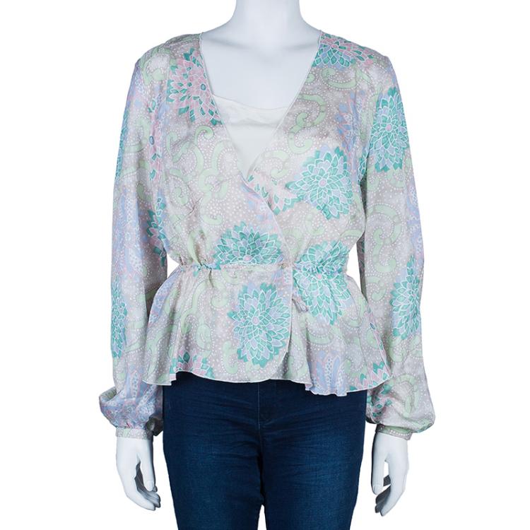 Pre Owned Chloe Pastel Printed Silk Long Sleeve Top L