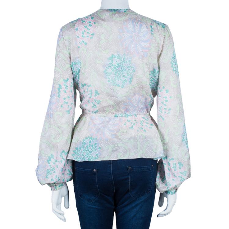 Pre Owned Chloe Pastel Printed Silk Long Sleeve Top L