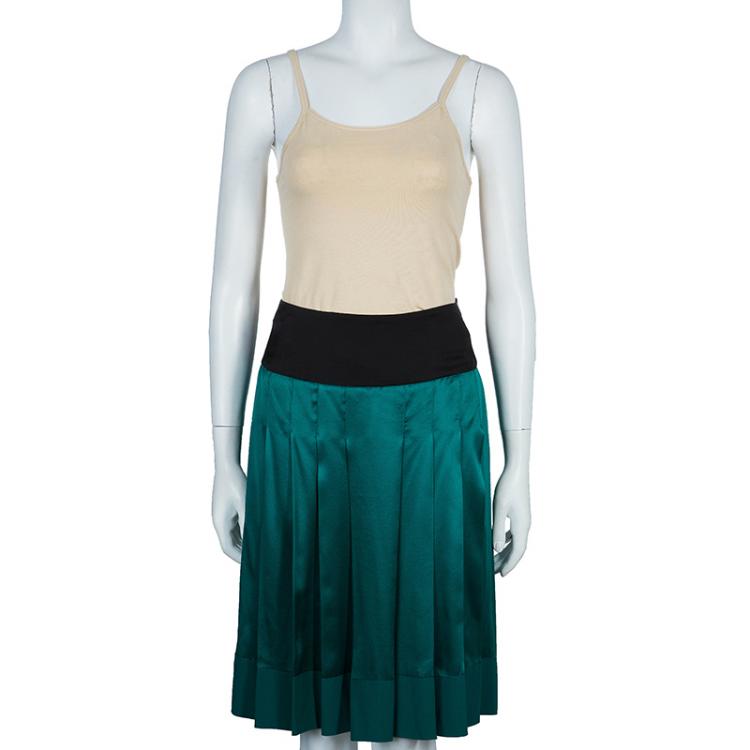Pre Owned Chloe Green Contrast Waistband Pleated Silk Skirt M