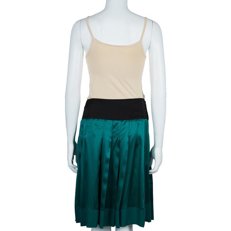 Pre Owned Chloe Green Contrast Waistband Pleated Silk Skirt M