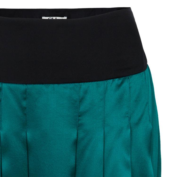 Pre Owned Chloe Green Contrast Waistband Pleated Silk Skirt M
