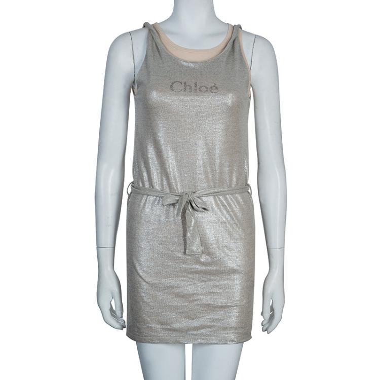 Pre Owned Chloe Metallic Double Layer Belted Tank Dress M