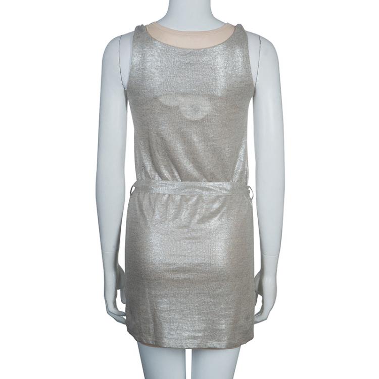 Pre Owned Chloe Metallic Double Layer Belted Tank Dress M