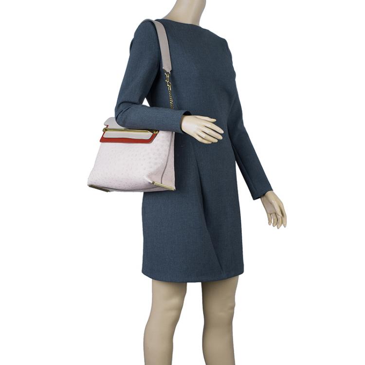 Pre Owned Chloe Pink Tri Color Ostrich Leather Medium Clare Shoulder Bag