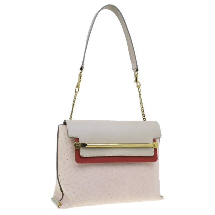 Pre Owned Chloe Pink Tri Color Ostrich Leather Medium Clare Shoulder Bag