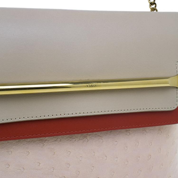 Pre Owned Chloe Pink Tri Color Ostrich Leather Medium Clare Shoulder Bag