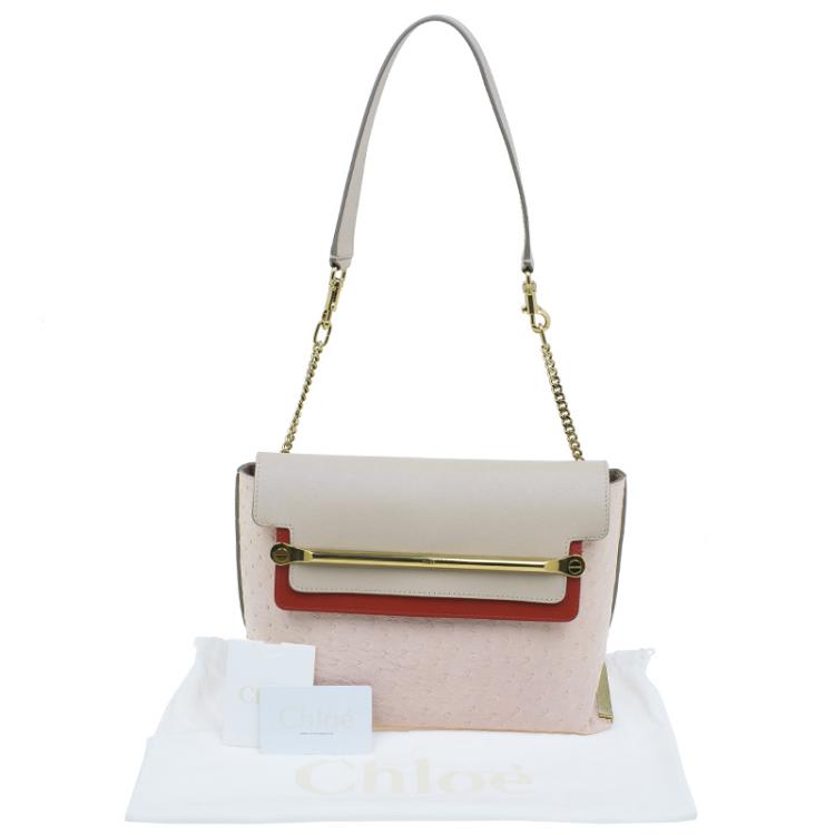 Pre Owned Chloe Pink Tri Color Ostrich Leather Medium Clare Shoulder Bag